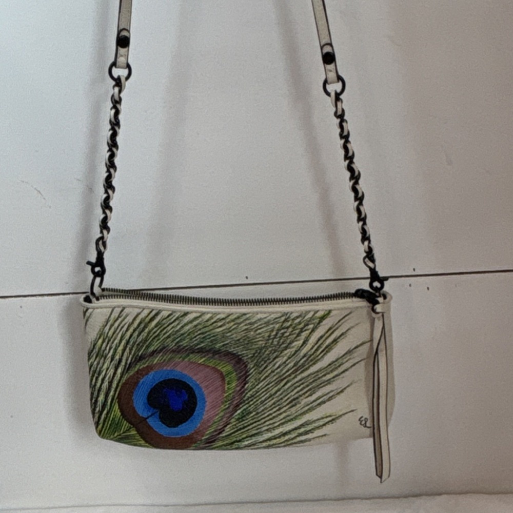 Elliott Lucca Ivory Shoulder Bag with Peacock Feather hand painted. - Picture 2 of 13